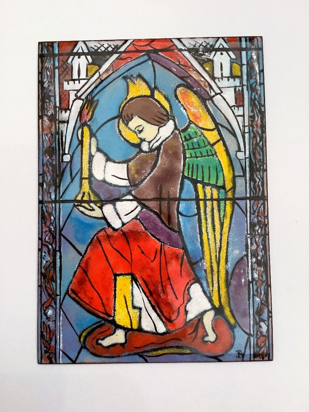 TILE Enamel on Copper Angel Carrying Candle 50's Depict Stained Glass Appearanc